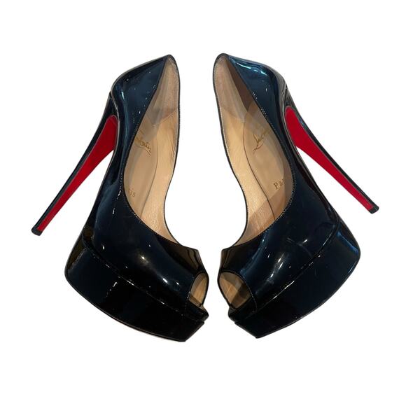 Christian Louboutin Black Patent Leather Lady Peep Stiletto Heels 37.5 / US 7.5 - Picture 2 of 16
